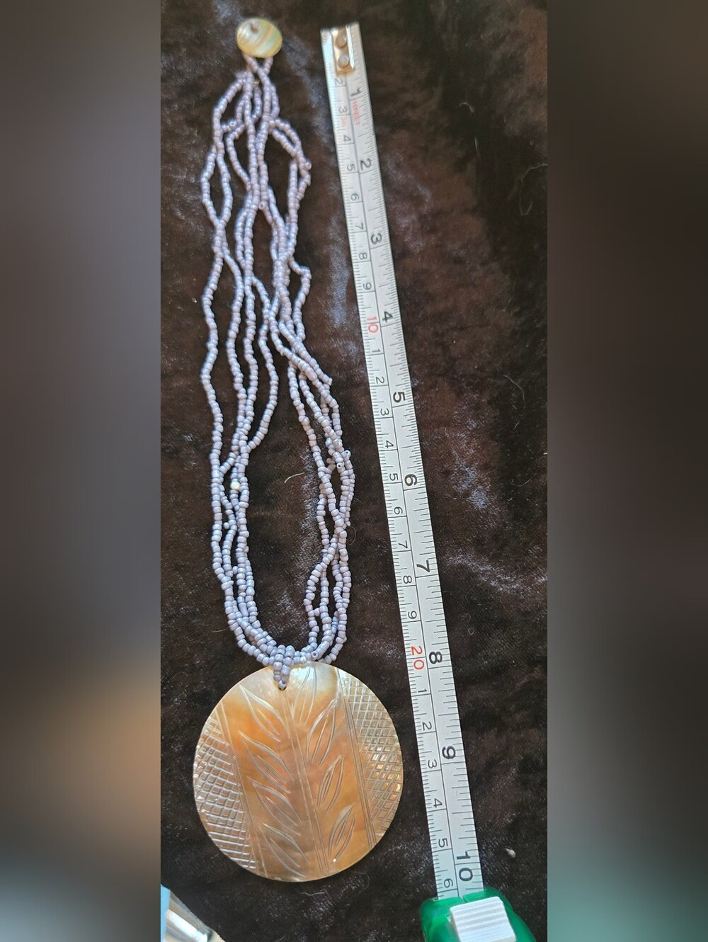 Lavender Multi-Strand Beaded Necklace with Carved Shell Pendant